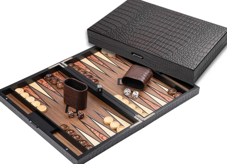 Backgammon - Houten Kist met Krokodillen Relief