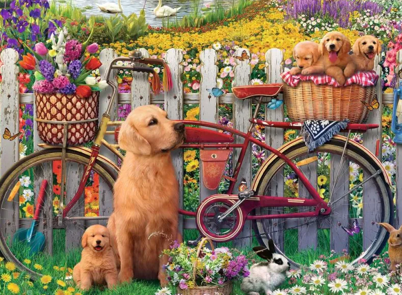 Schattige honden in de tuin Puzzel (500 stukjes)