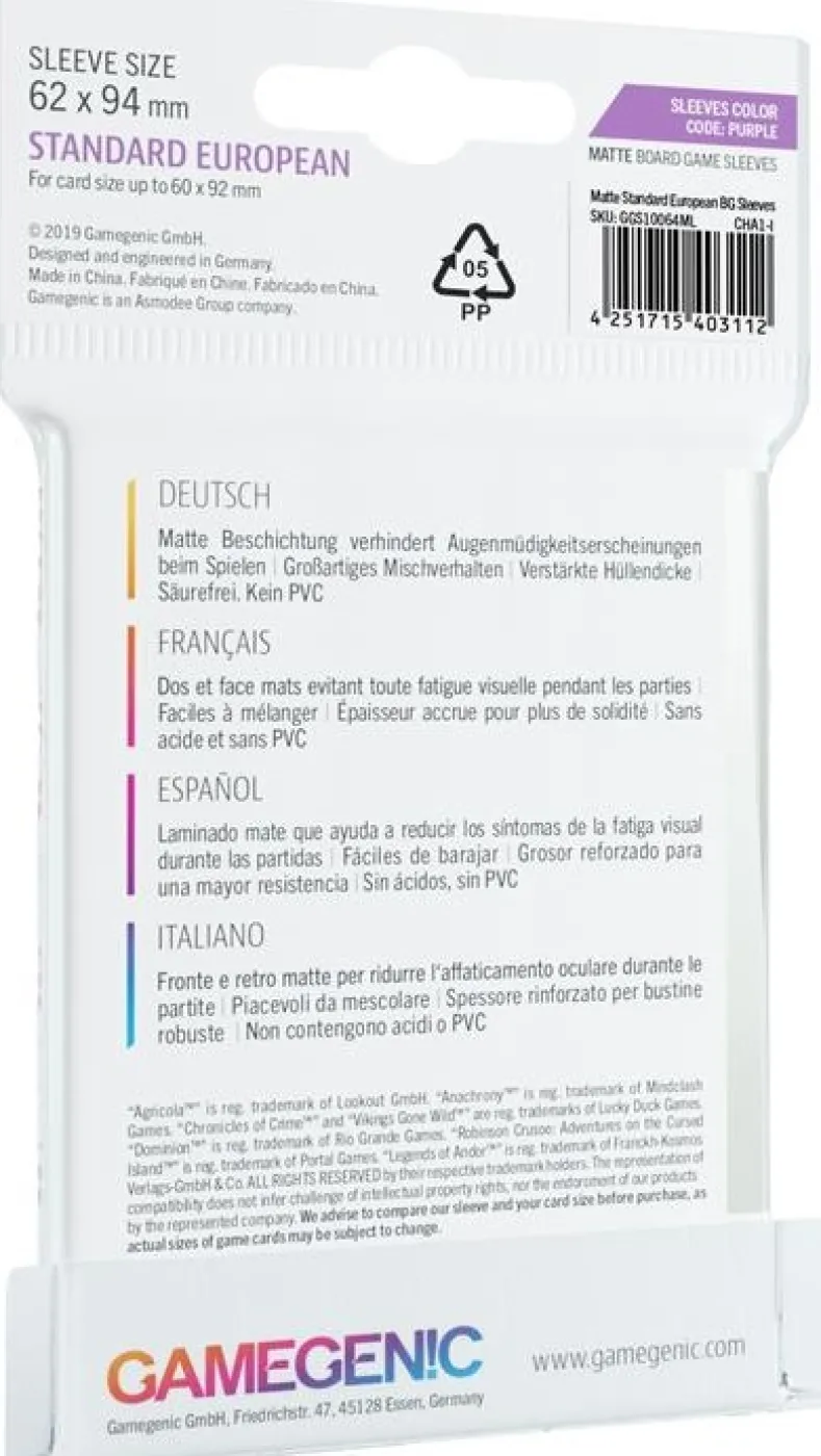 Sleeves Matte Standard European-Sized 62x94mm (50 stuks)