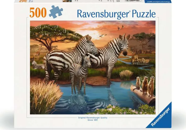 Zebra´s bij de drinkplaats Puzzel (500 stukjes)